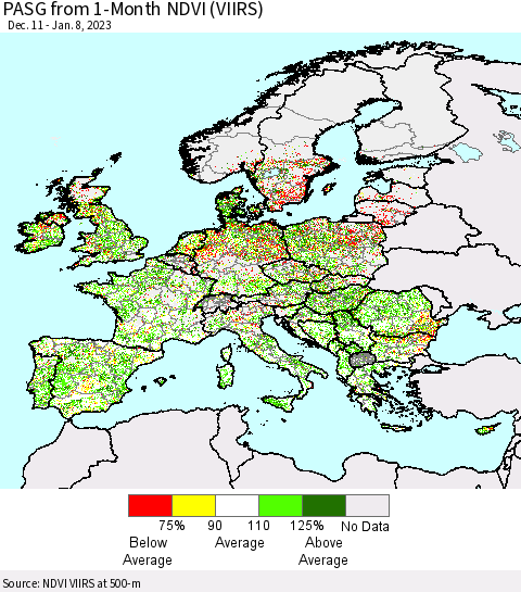 Europe PASG from 1-Month NDVI (VIIRS) Thematic Map For 1/1/2023 - 1/8/2023