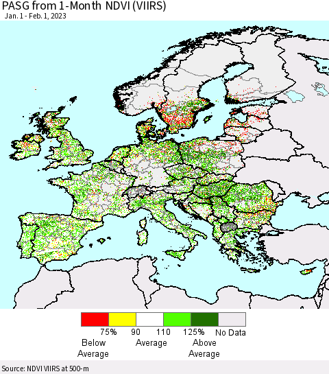 Europe PASG from 1-Month NDVI (VIIRS) Thematic Map For 1/25/2023 - 2/1/2023
