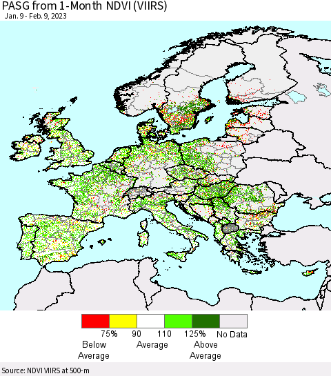 Europe PASG from 1-Month NDVI (VIIRS) Thematic Map For 2/2/2023 - 2/9/2023