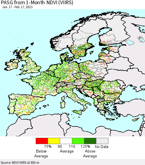 Europe PASG from 1-Month NDVI (VIIRS) Thematic Map For 2/10/2023 - 2/17/2023