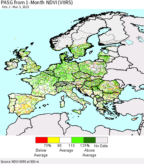 Europe PASG from 1-Month NDVI (VIIRS) Thematic Map For 2/26/2023 - 3/5/2023