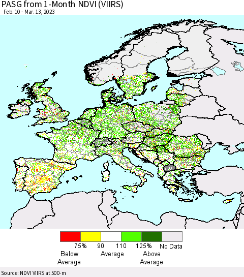 Europe PASG from 1-Month NDVI (VIIRS) Thematic Map For 3/6/2023 - 3/13/2023