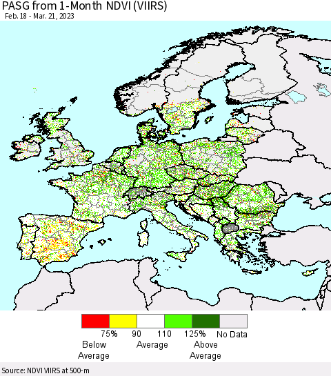 Europe PASG from 1-Month NDVI (VIIRS) Thematic Map For 3/14/2023 - 3/21/2023