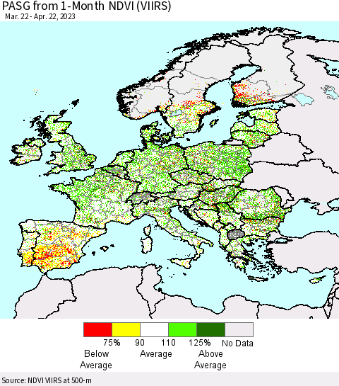 Europe PASG from 1-Month NDVI (VIIRS) Thematic Map For 4/15/2023 - 4/22/2023