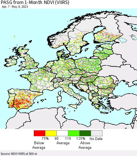 Europe PASG from 1-Month NDVI (VIIRS) Thematic Map For 5/1/2023 - 5/8/2023