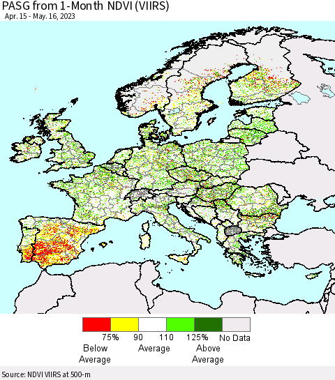 Europe PASG from 1-Month NDVI (VIIRS) Thematic Map For 5/9/2023 - 5/16/2023