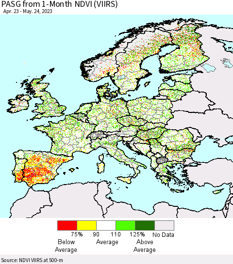 Europe PASG from 1-Month NDVI (VIIRS) Thematic Map For 5/17/2023 - 5/24/2023