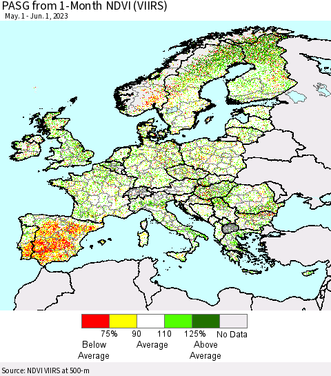 Europe PASG from 1-Month NDVI (VIIRS) Thematic Map For 5/25/2023 - 6/1/2023