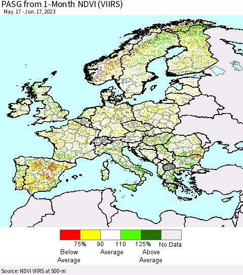 Europe PASG from 1-Month NDVI (VIIRS) Thematic Map For 6/10/2023 - 6/17/2023