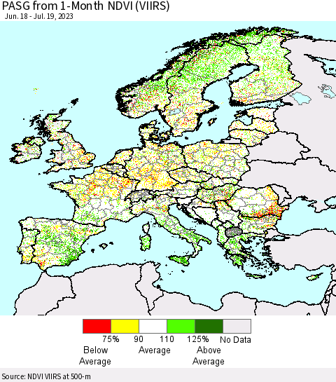 Europe PASG from 1-Month NDVI (VIIRS) Thematic Map For 7/12/2023 - 7/19/2023