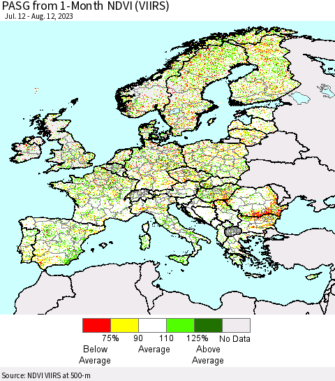 Europe PASG from 1-Month NDVI (VIIRS) Thematic Map For 8/5/2023 - 8/12/2023