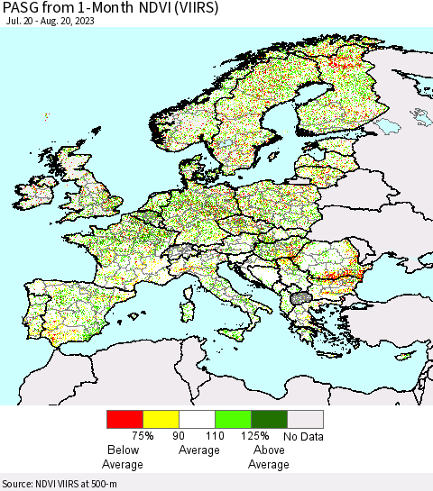 Europe PASG from 1-Month NDVI (VIIRS) Thematic Map For 8/13/2023 - 8/20/2023
