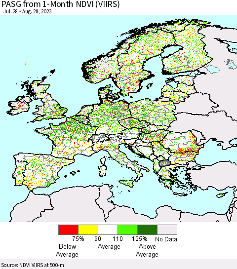 Europe PASG from 1-Month NDVI (VIIRS) Thematic Map For 8/21/2023 - 8/28/2023