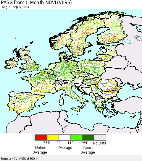 Europe PASG from 1-Month NDVI (VIIRS) Thematic Map For 8/29/2023 - 9/5/2023
