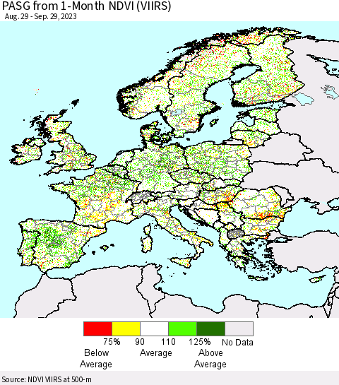 Europe PASG from 1-Month NDVI (VIIRS) Thematic Map For 9/22/2023 - 9/29/2023