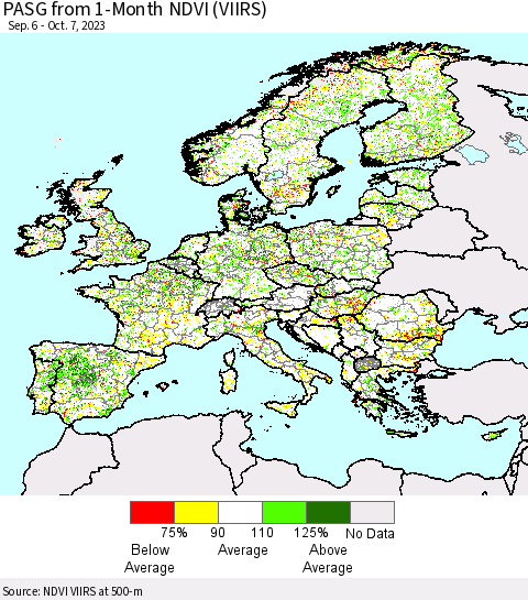 Europe PASG from 1-Month NDVI (VIIRS) Thematic Map For 9/30/2023 - 10/7/2023