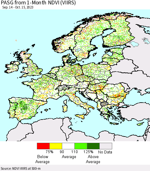 Europe PASG from 1-Month NDVI (VIIRS) Thematic Map For 10/8/2023 - 10/15/2023
