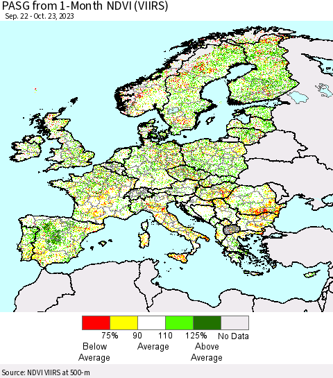 Europe PASG from 1-Month NDVI (VIIRS) Thematic Map For 10/16/2023 - 10/23/2023