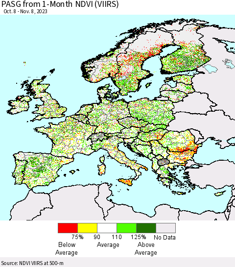 Europe PASG from 1-Month NDVI (VIIRS) Thematic Map For 11/1/2023 - 11/8/2023