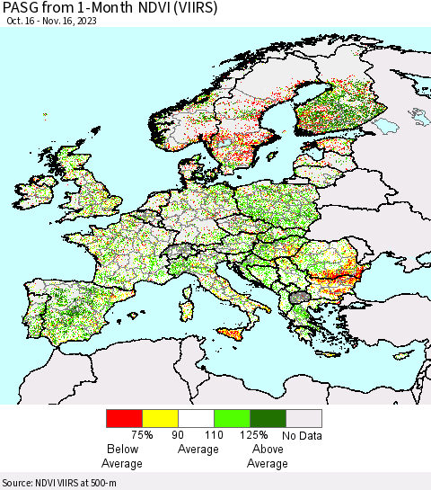 Europe PASG from 1-Month NDVI (VIIRS) Thematic Map For 11/9/2023 - 11/16/2023