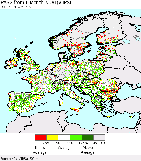 Europe PASG from 1-Month NDVI (VIIRS) Thematic Map For 11/17/2023 - 11/24/2023