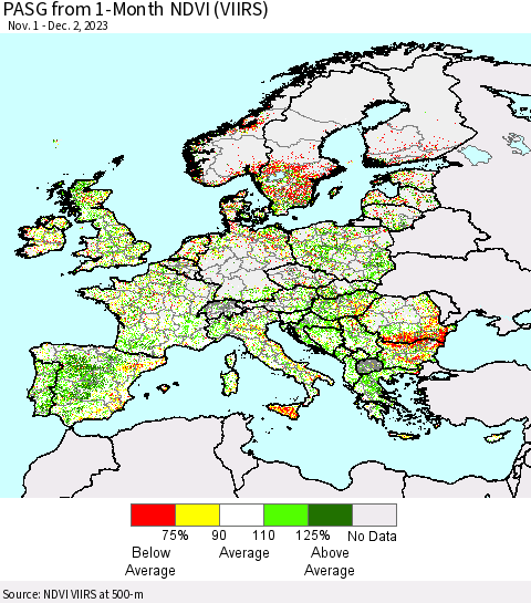 Europe PASG from 1-Month NDVI (VIIRS) Thematic Map For 11/25/2023 - 12/2/2023