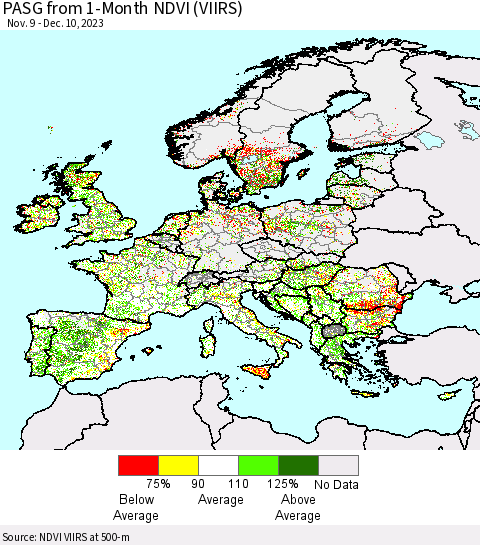 Europe PASG from 1-Month NDVI (VIIRS) Thematic Map For 12/3/2023 - 12/10/2023