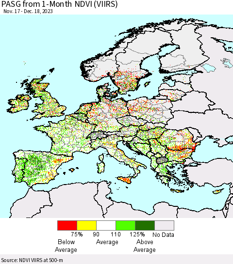 Europe PASG from 1-Month NDVI (VIIRS) Thematic Map For 12/11/2023 - 12/18/2023