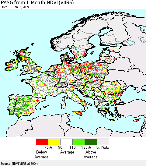 Europe PASG from 1-Month NDVI (VIIRS) Thematic Map For 12/27/2023 - 1/3/2024