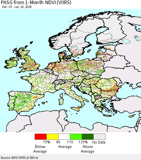 Europe PASG from 1-Month NDVI (VIIRS) Thematic Map For 1/9/2024 - 1/16/2024