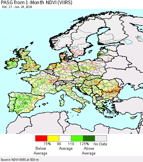Europe PASG from 1-Month NDVI (VIIRS) Thematic Map For 1/17/2024 - 1/24/2024