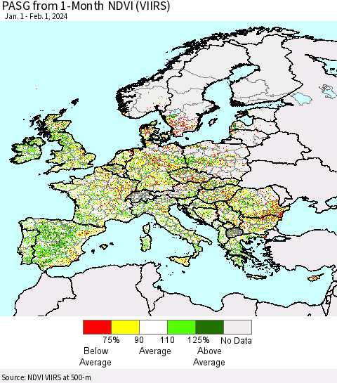 Europe PASG from 1-Month NDVI (VIIRS) Thematic Map For 1/25/2024 - 2/1/2024