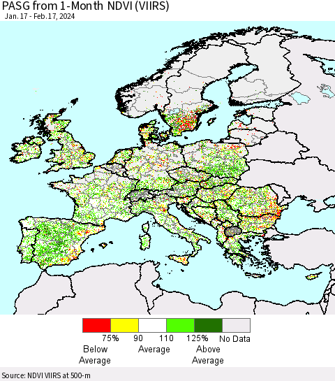Europe PASG from 1-Month NDVI (VIIRS) Thematic Map For 2/10/2024 - 2/17/2024