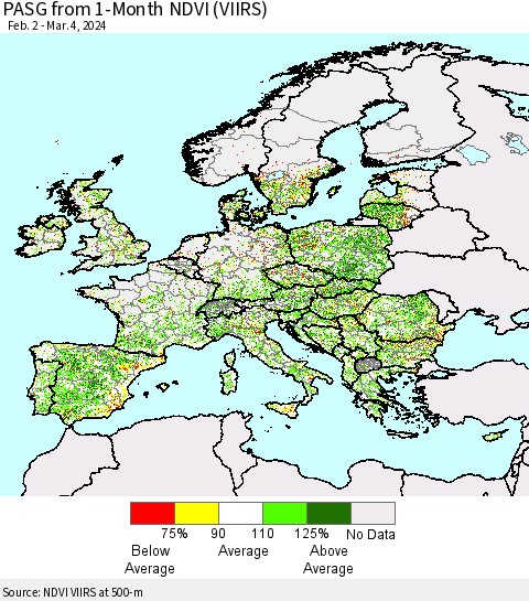 Europe PASG from 1-Month NDVI (VIIRS) Thematic Map For 2/26/2024 - 3/4/2024