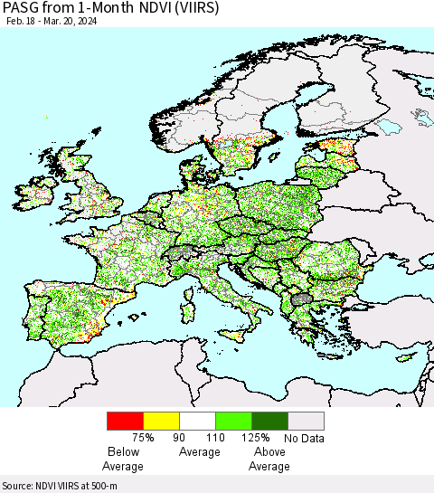 Europe PASG from 1-Month NDVI (VIIRS) Thematic Map For 3/13/2024 - 3/20/2024