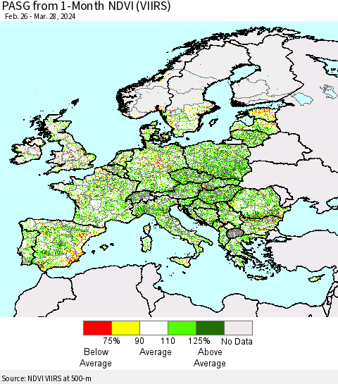 Europe PASG from 1-Month NDVI (VIIRS) Thematic Map For 3/21/2024 - 3/28/2024