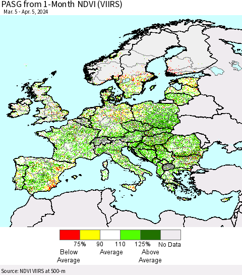 Europe PASG from 1-Month NDVI (VIIRS) Thematic Map For 3/29/2024 - 4/5/2024