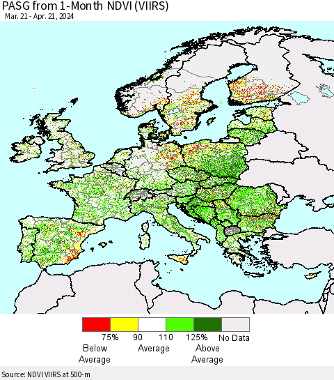 Europe PASG from 1-Month NDVI (VIIRS) Thematic Map For 4/14/2024 - 4/21/2024