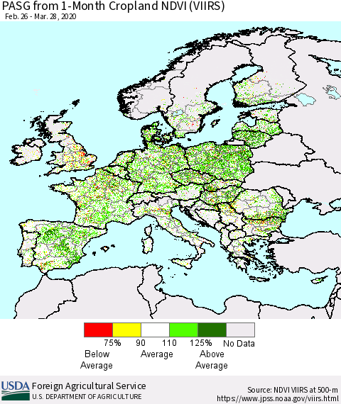 Europe PASG from 1-Month Cropland NDVI (VIIRS) Thematic Map For 3/21/2020 - 3/31/2020