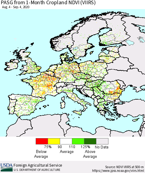 Europe PASG from 1-Month Cropland NDVI (VIIRS) Thematic Map For 9/1/2020 - 9/10/2020