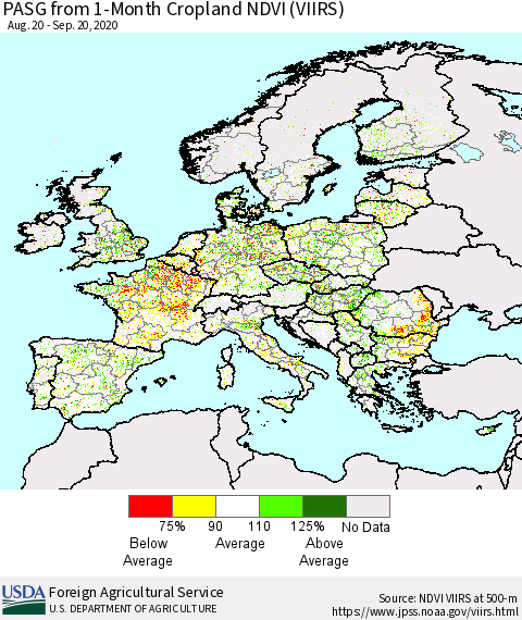 Europe PASG from 1-Month Cropland NDVI (VIIRS) Thematic Map For 9/11/2020 - 9/20/2020