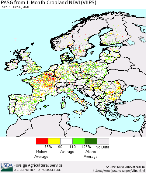 Europe PASG from 1-Month Cropland NDVI (VIIRS) Thematic Map For 10/1/2020 - 10/10/2020