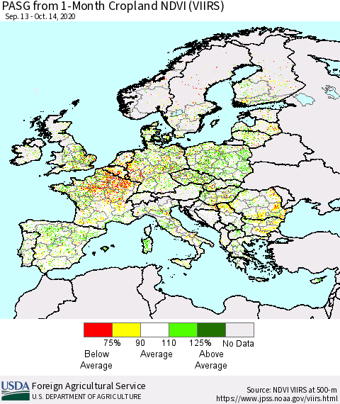 Europe PASG from 1-Month Cropland NDVI (VIIRS) Thematic Map For 10/11/2020 - 10/20/2020