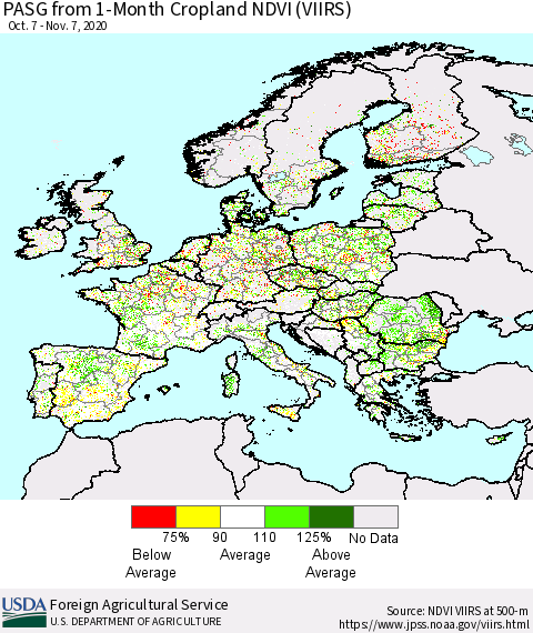 Europe PASG from 1-Month Cropland NDVI (VIIRS) Thematic Map For 11/1/2020 - 11/10/2020