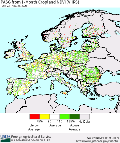 Europe PASG from 1-Month Cropland NDVI (VIIRS) Thematic Map For 11/21/2020 - 11/30/2020
