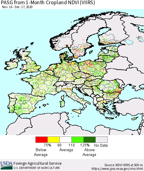Europe PASG from 1-Month Cropland NDVI (VIIRS) Thematic Map For 12/11/2020 - 12/20/2020