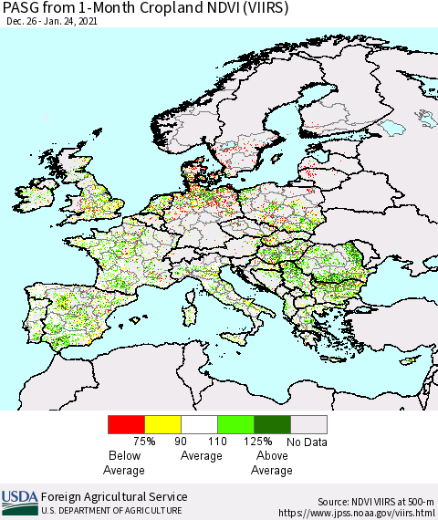 Europe PASG from 1-Month Cropland NDVI (VIIRS) Thematic Map For 1/21/2021 - 1/31/2021