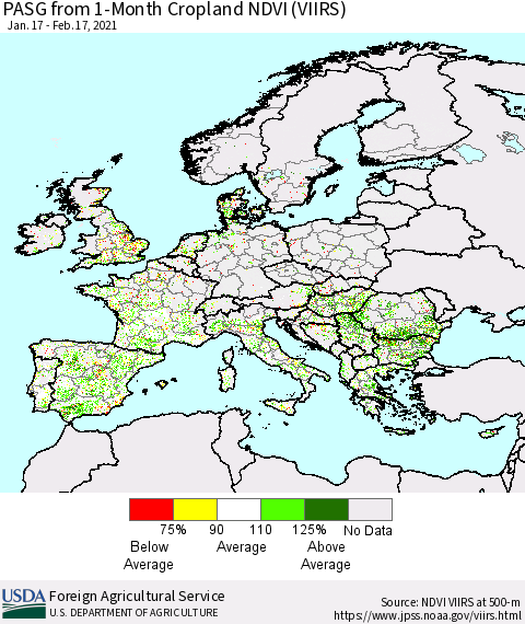 Europe PASG from 1-Month Cropland NDVI (VIIRS) Thematic Map For 2/11/2021 - 2/20/2021