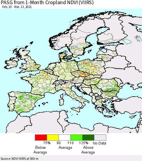 Europe PASG from 1-Month Cropland NDVI (VIIRS) Thematic Map For 3/6/2021 - 3/13/2021