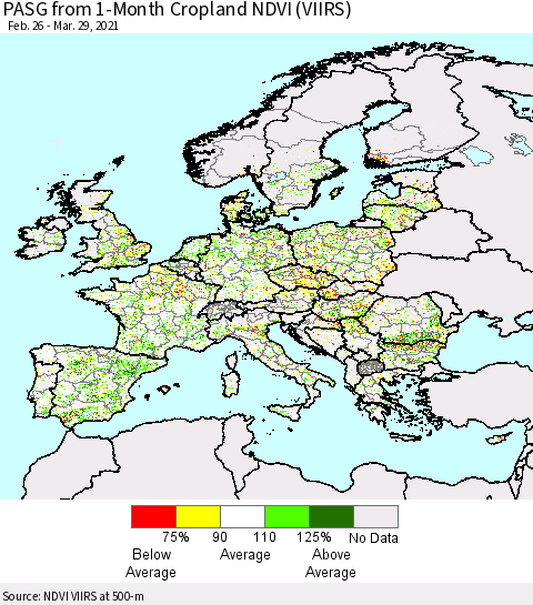 Europe PASG from 1-Month Cropland NDVI (VIIRS) Thematic Map For 3/22/2021 - 3/29/2021